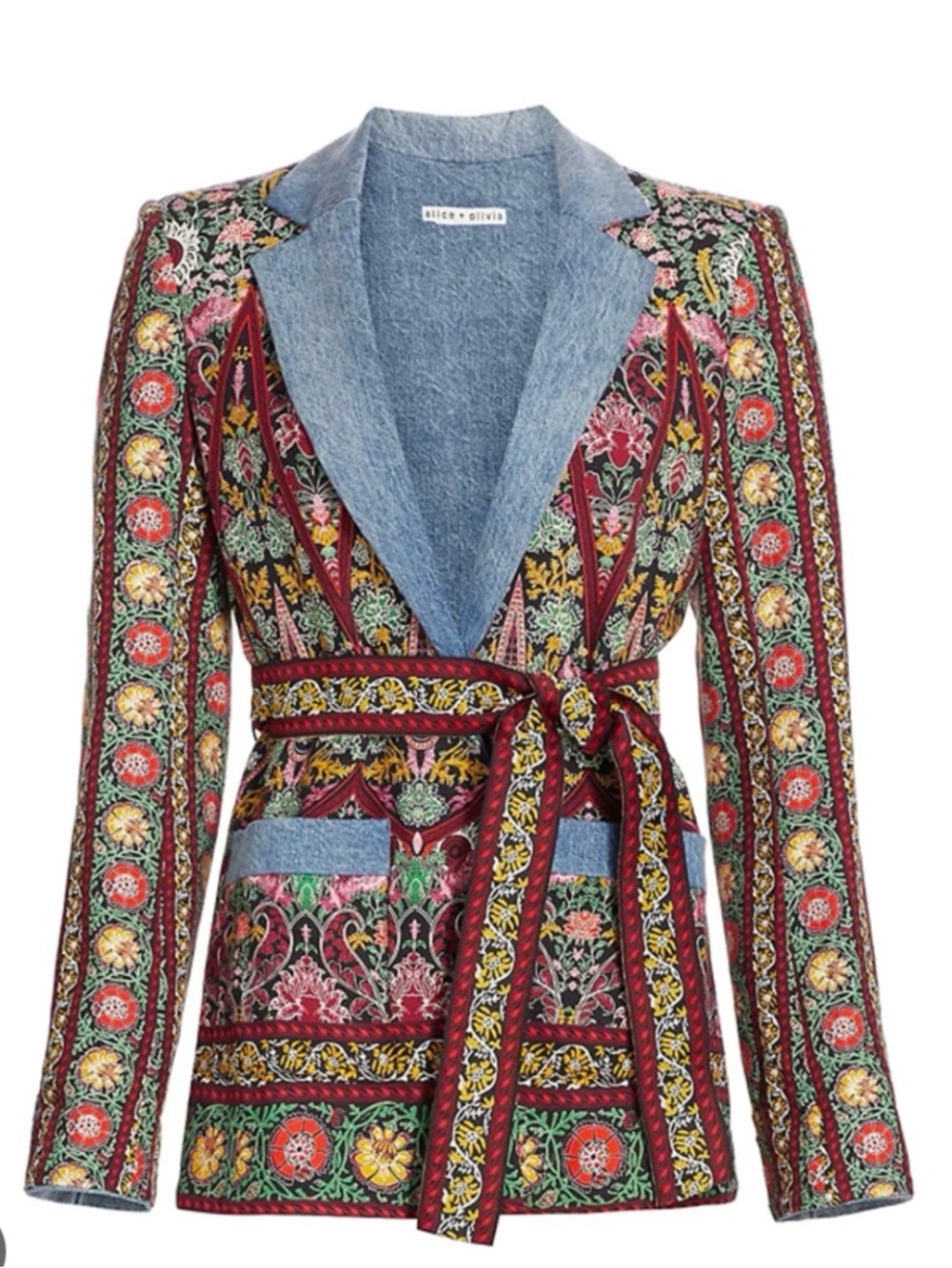 Alice + Olivia Multicolor Floral Embroidered Belted Blazer with Chambray Lapel